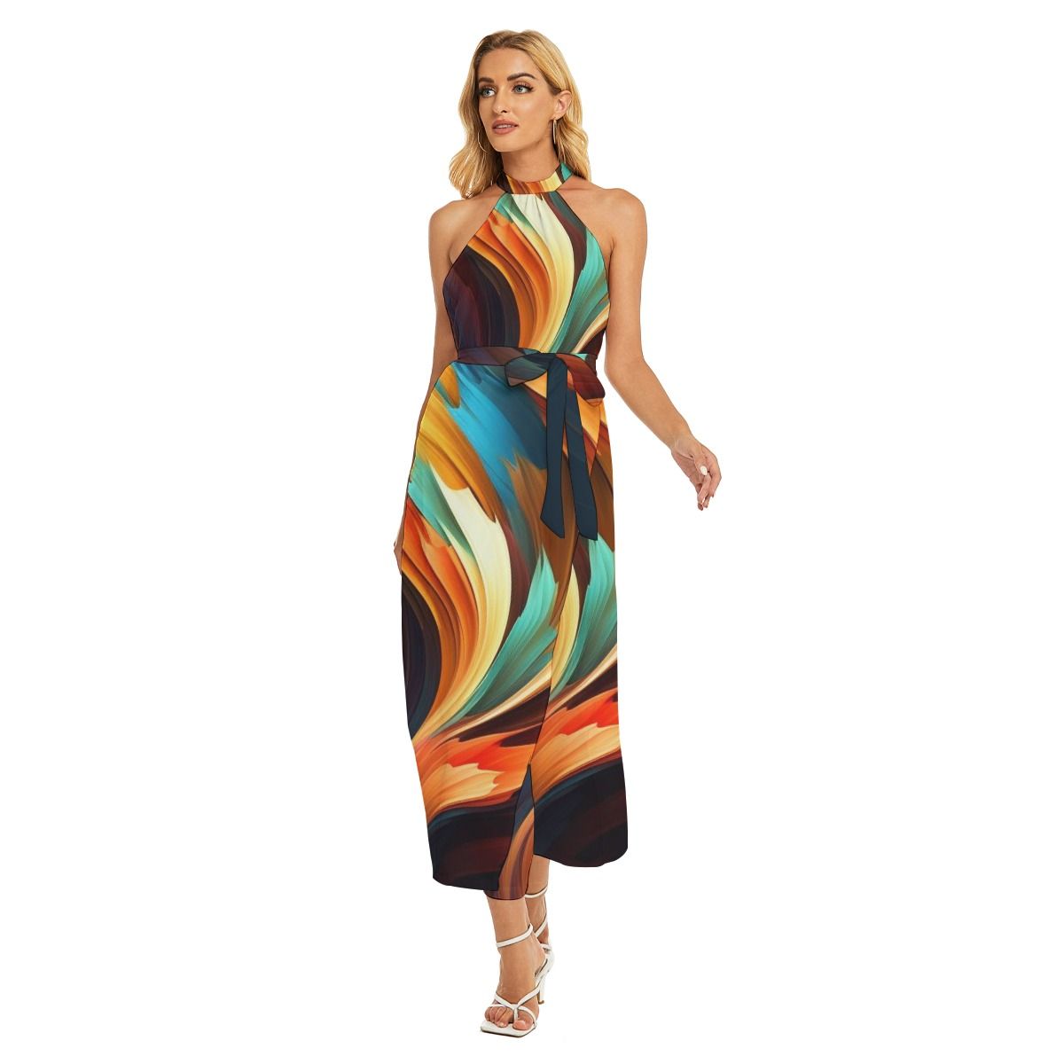 Women&#39;s Wrap Hem Belted Halter Dress