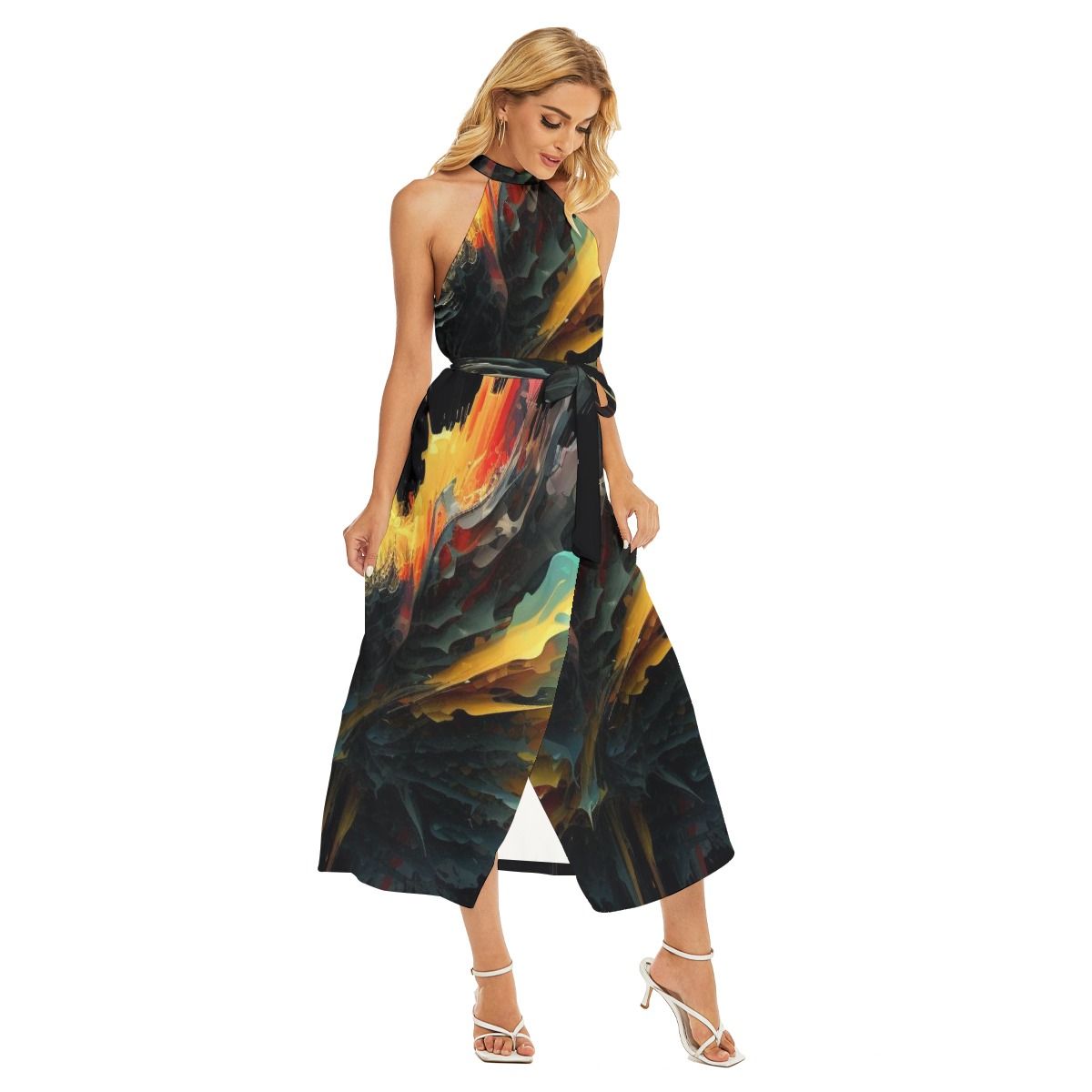 Women&#39;s Wrap Hem Belted Halter Dress