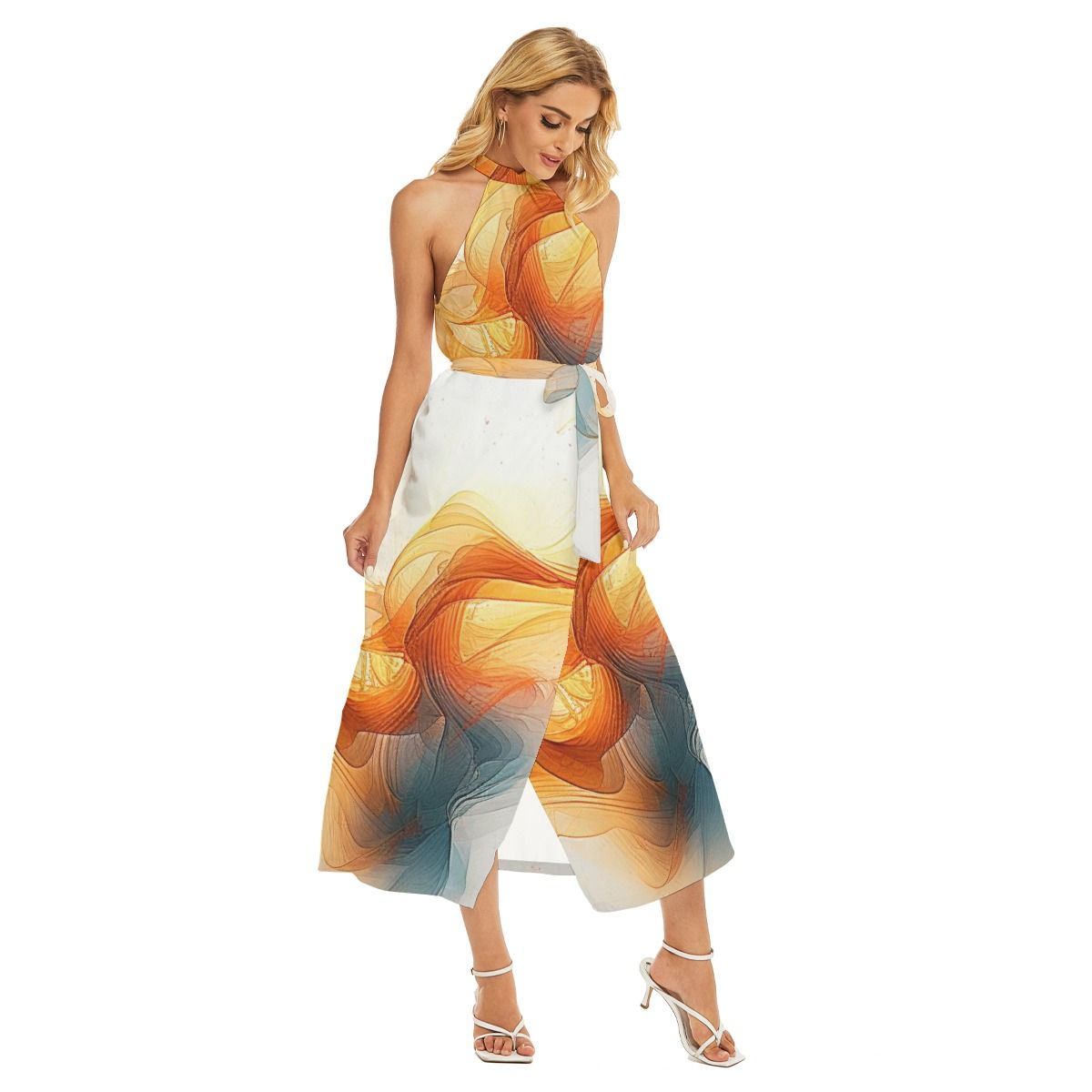 Women&#39;s Wrap Hem Belted Halter Dress