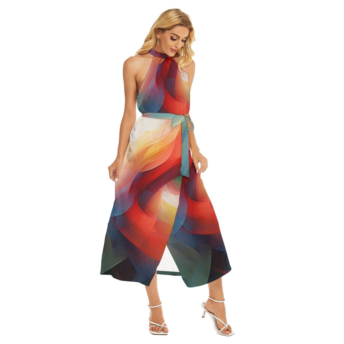 Women&#39;s Wrap Hem Belted Halter Dress
