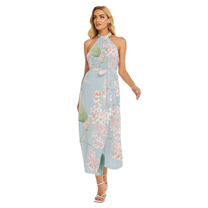 Women&#39;s Wrap Hem Belted Halter Dress