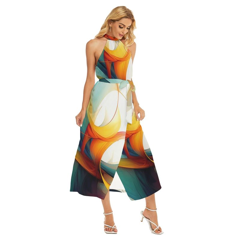 Women&#39;s Wrap Hem Belted Halter Dress