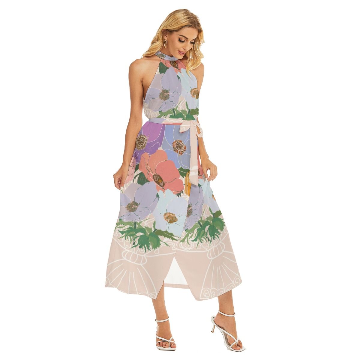 Women&#39;s Wrap Hem Belted Halter Dress