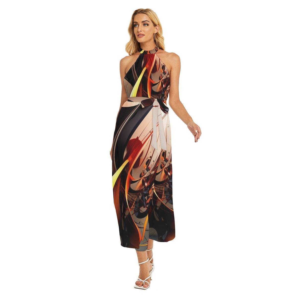 Women&#39;s Wrap Hem Belted Halter Dress
