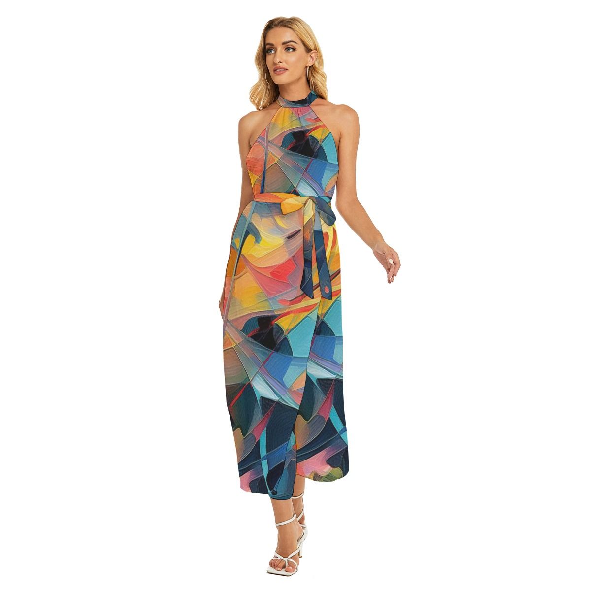 Women&#39;s Wrap Hem Belted Halter Dress