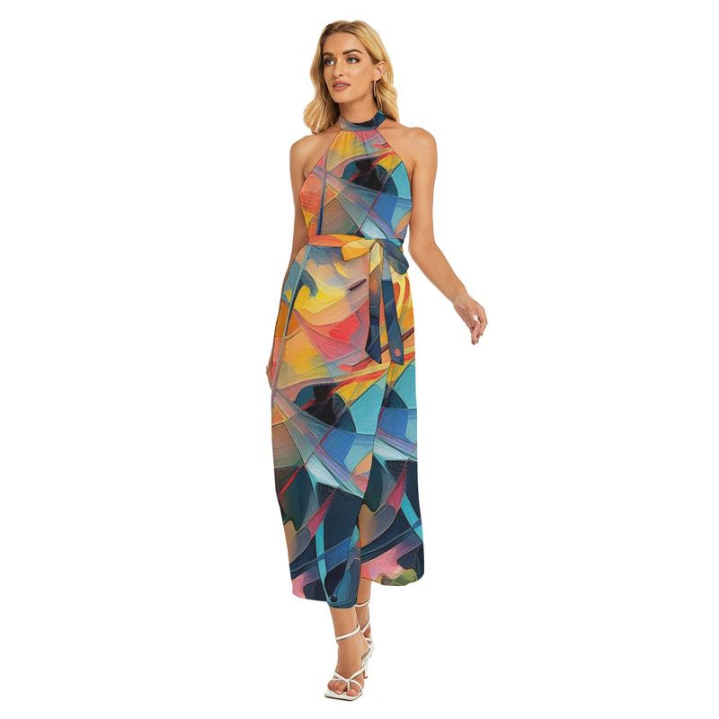 Women&#39;s Wrap Hem Belted Halter Dress