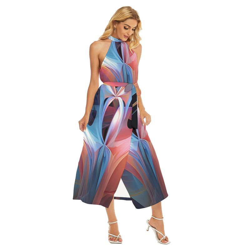 Women&#39;s Wrap Hem Belted Halter Dress