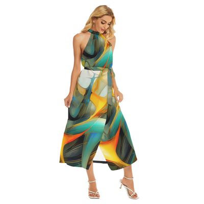 Women&#39;s Wrap Hem Belted Halter Dress