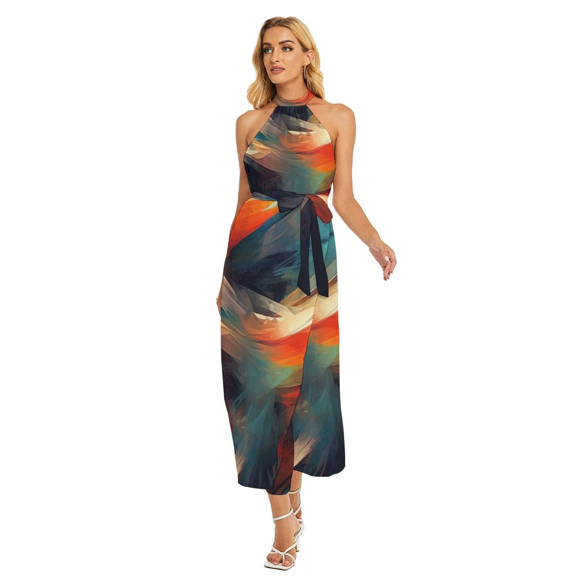 Women&#39;s Wrap Hem Belted Halter Dress