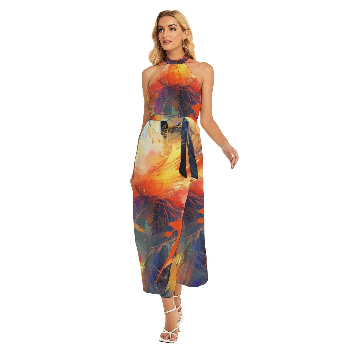 Women&#39;s Wrap Hem Belted Halter Dress