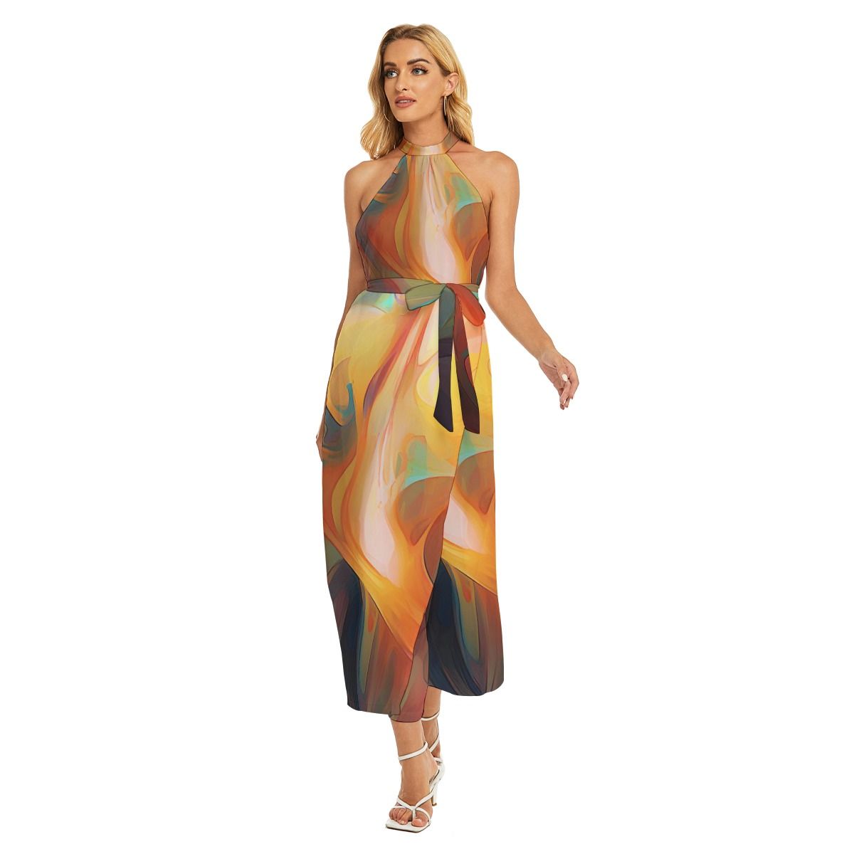 Women&#39;s Wrap Hem Belted Halter Dress