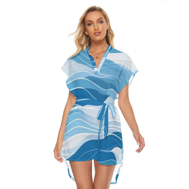 Stand-up Collar Asymmetrical Casual Dress with Belt