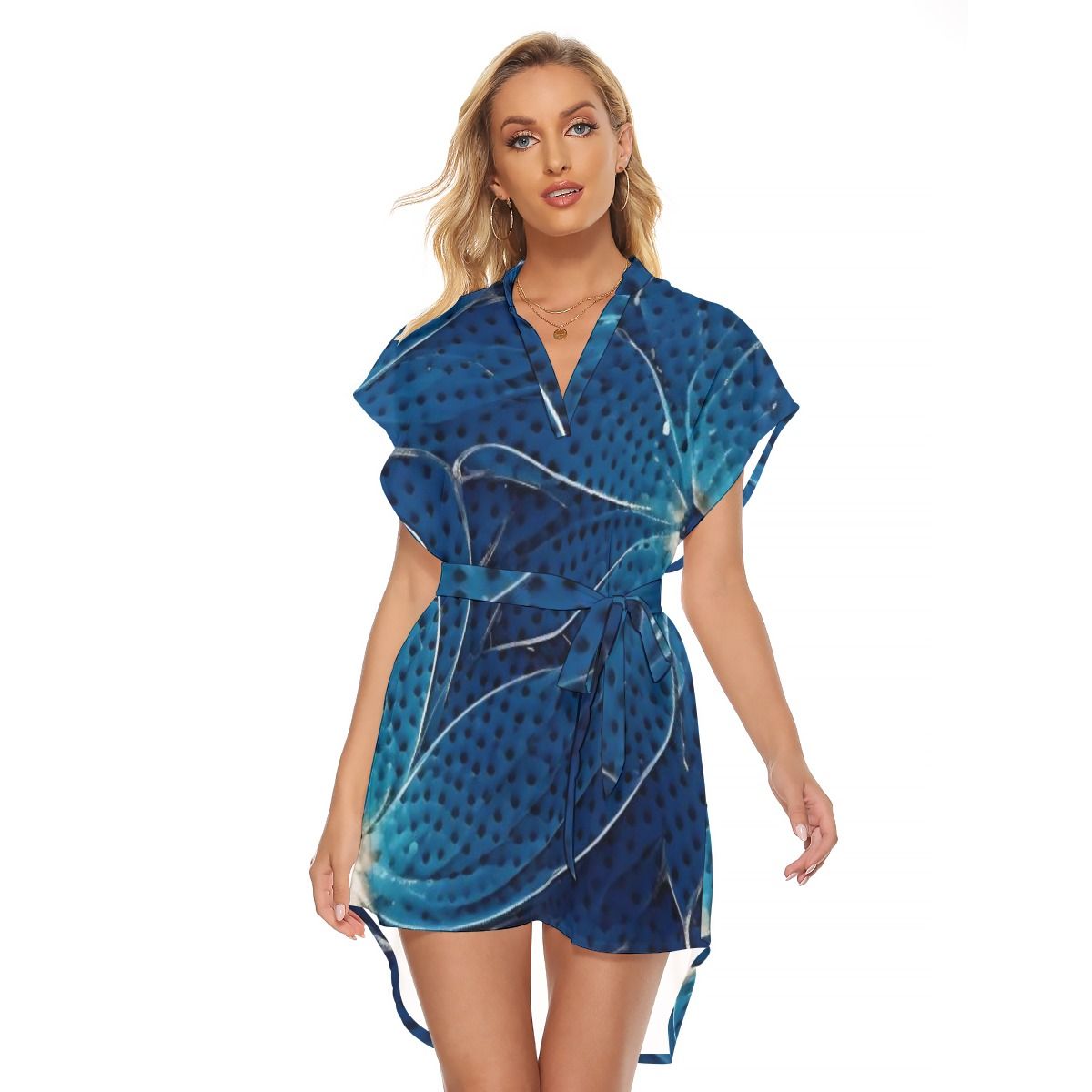 Stand-up Collar Asymmetrical Casual Dress with Belt