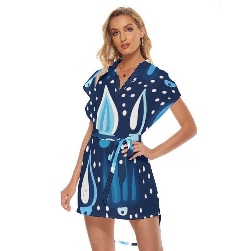 Stand-up Collar Asymmetrical Casual Dress with Belt