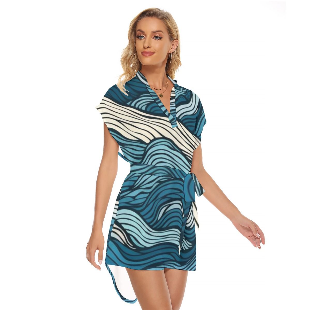 Stand-up Collar Asymmetrical Casual Dress with Belt