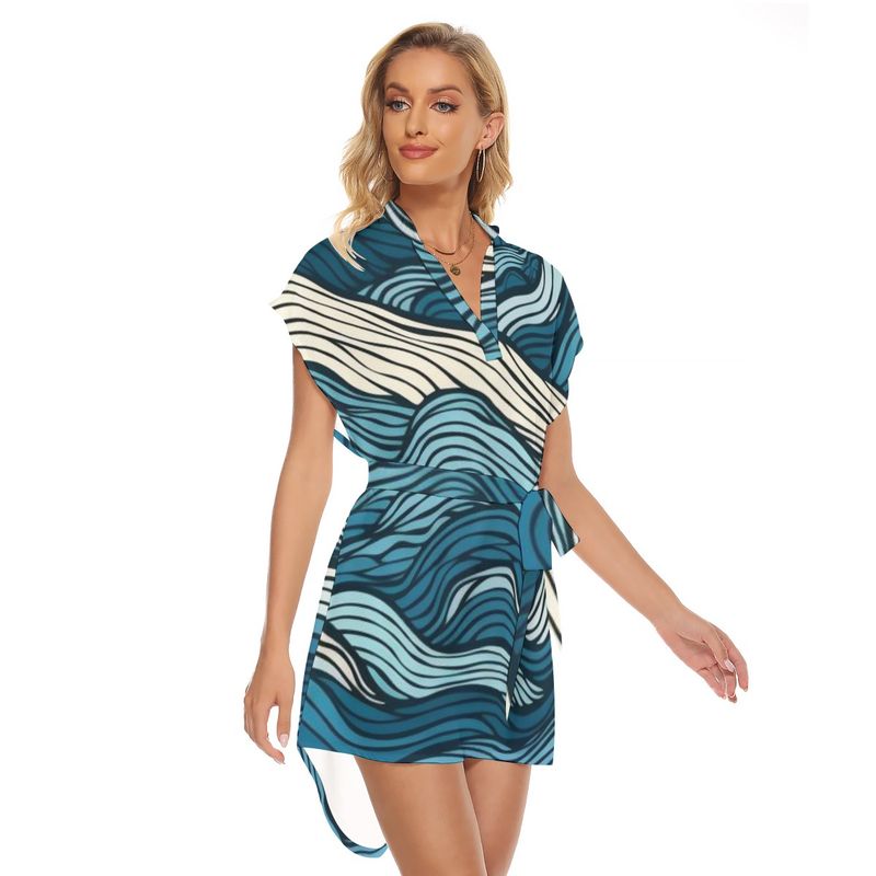 Stand-up Collar Asymmetrical Casual Dress with Belt