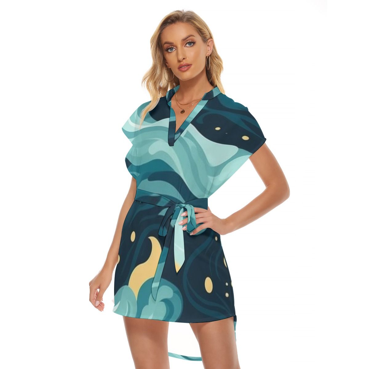 Stand-up Collar Asymmetrical Casual Dress with Belt