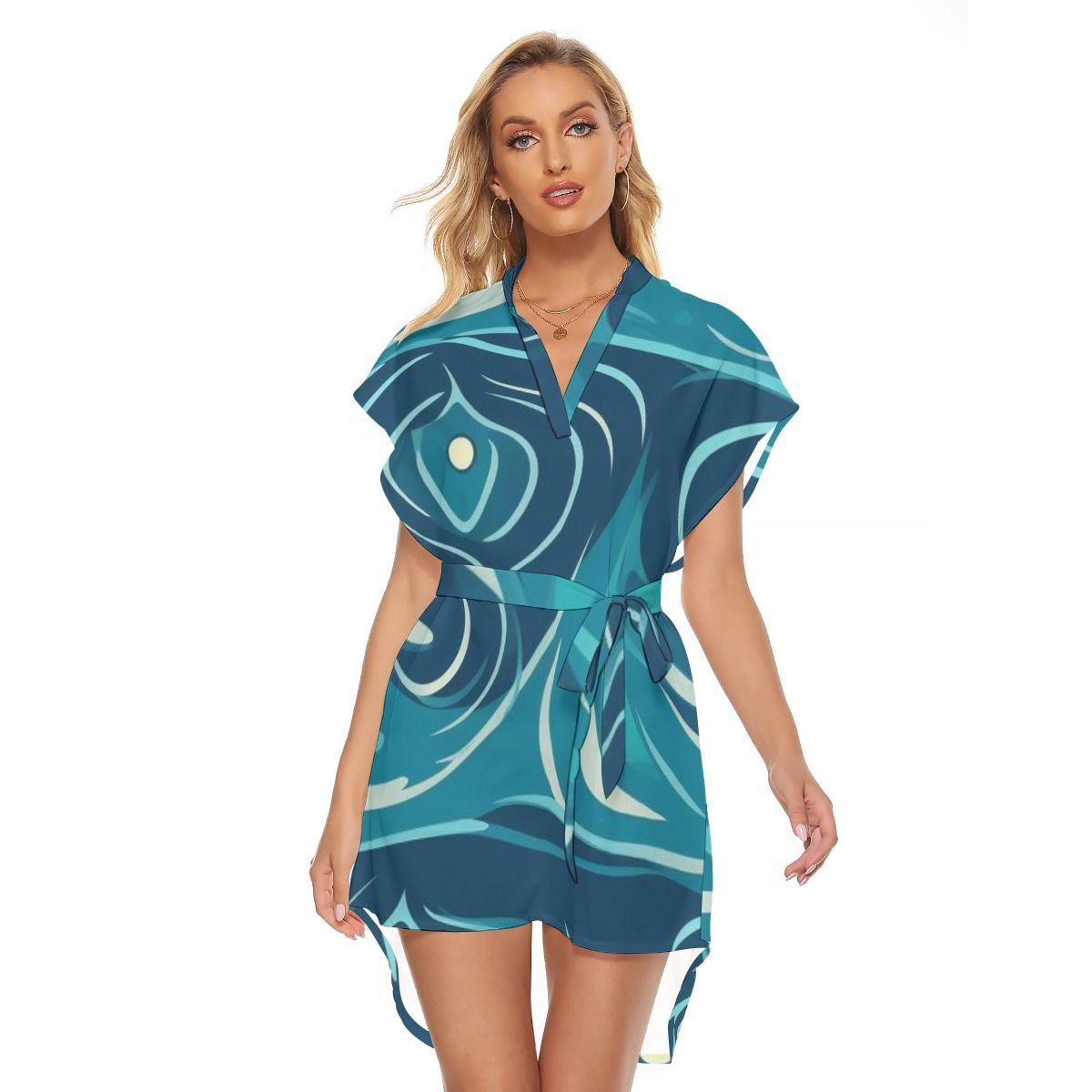 Stand-up Collar Asymmetrical Casual Dress with Belt