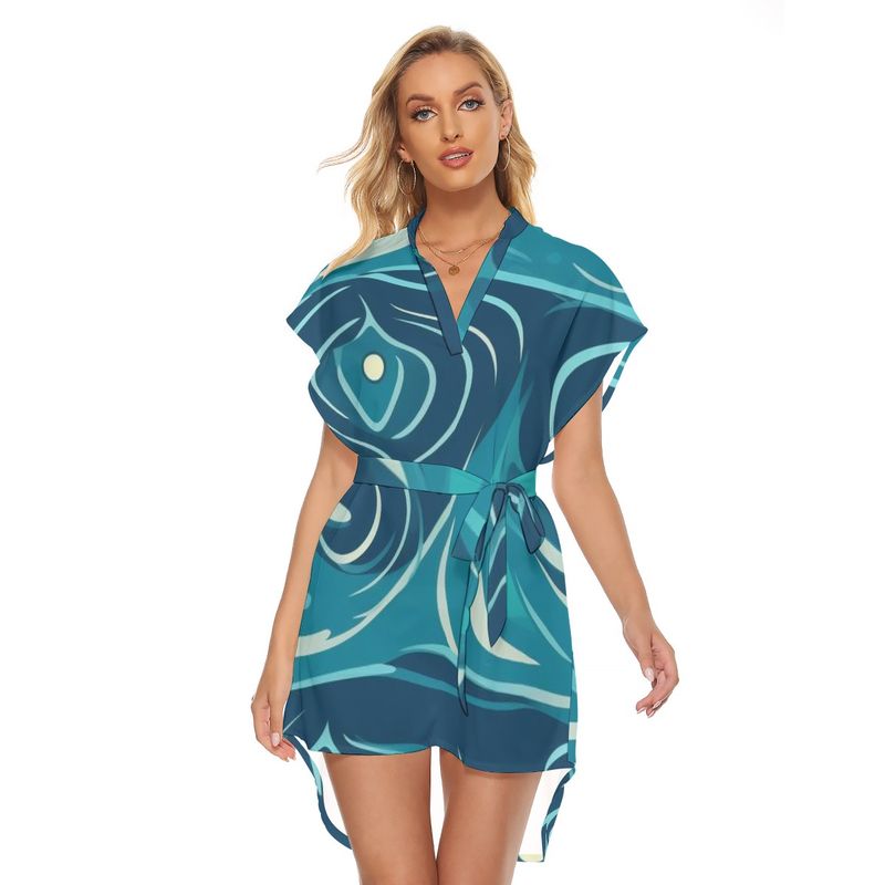 Stand-up Collar Asymmetrical Casual Dress with Belt