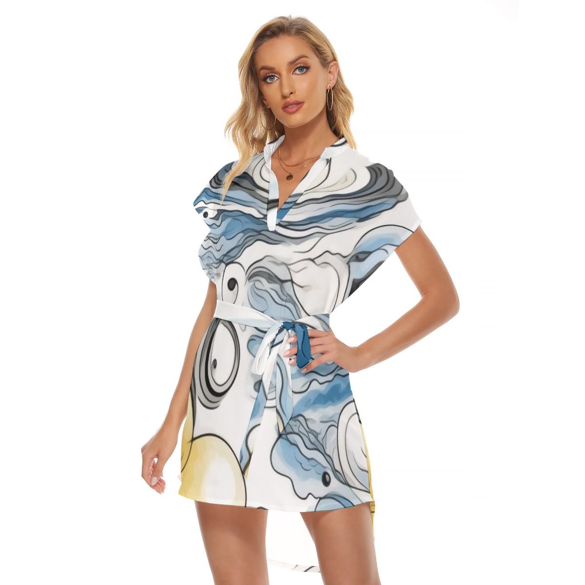 Stand-up Collar Asymmetrical Casual Dress with Belt