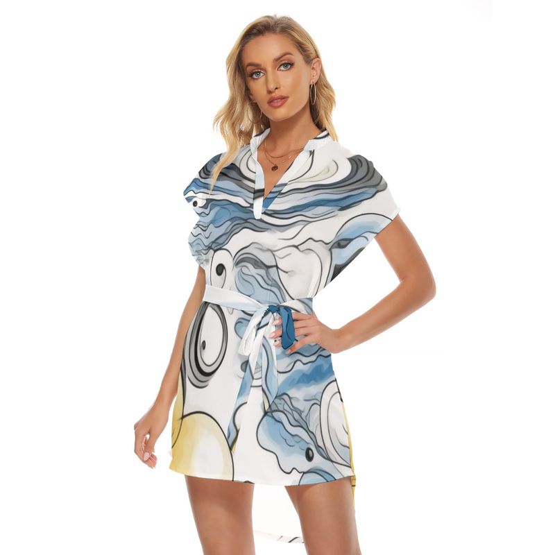 Stand-up Collar Asymmetrical Casual Dress with Belt