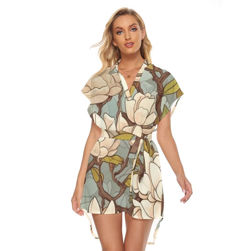 Stand-up Collar Asymmetrical Casual Dress with Belt