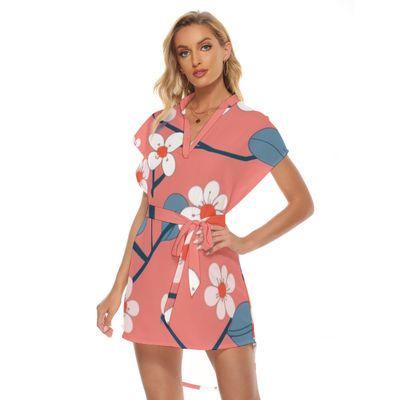 Stand-up Collar Asymmetrical Casual Dress with Belt