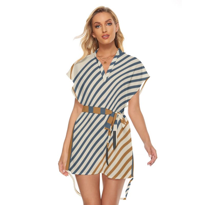 Stand-up Collar Asymmetrical Casual Dress with Belt