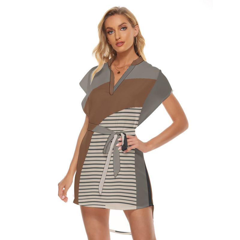 Stand-up Collar Asymmetrical Casual Dress with Belt