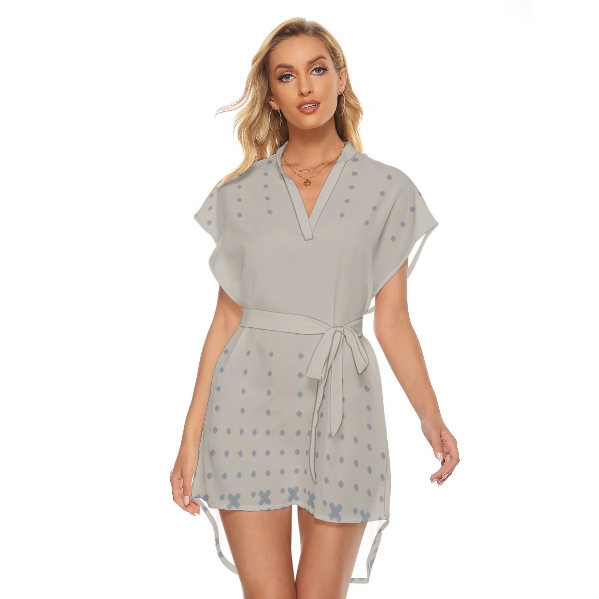 Stand-up Collar Asymmetrical Casual Dress with Belt