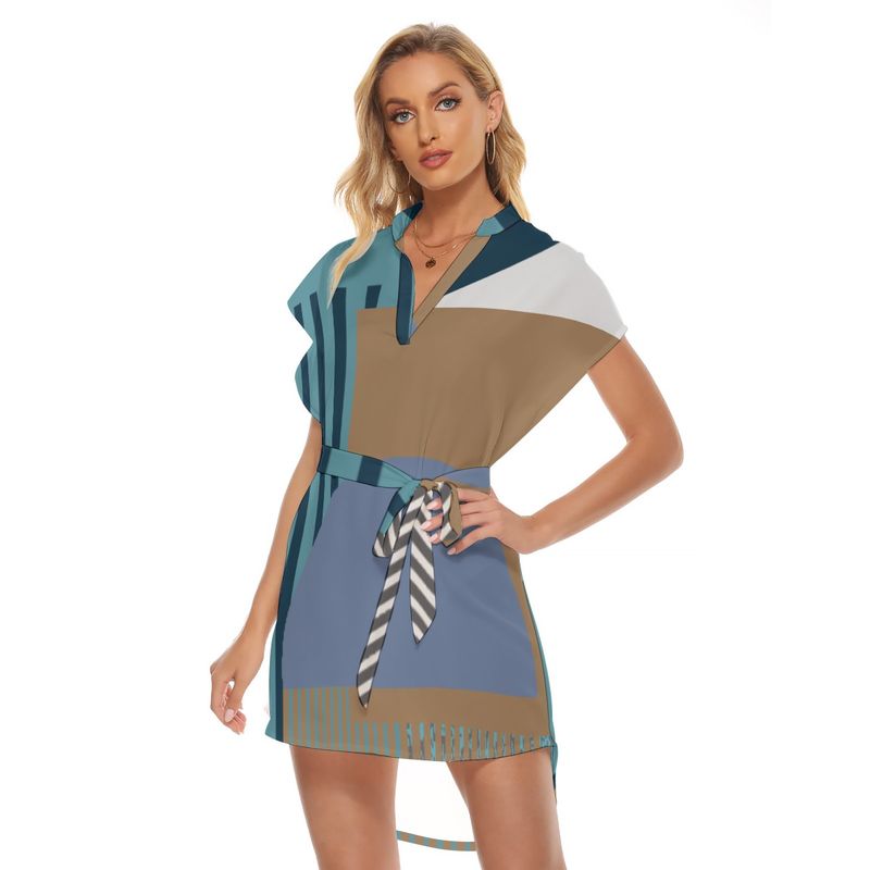 Stand-up Collar Asymmetrical Casual Dress with Belt