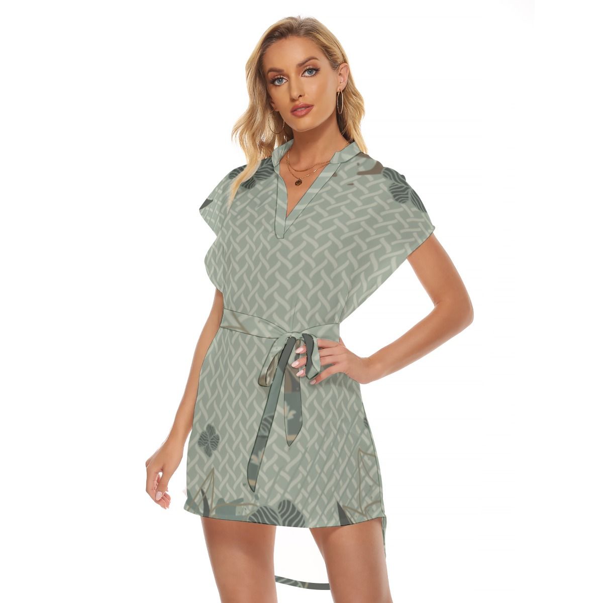 Stand-up Collar Asymmetrical Casual Dress with Belt