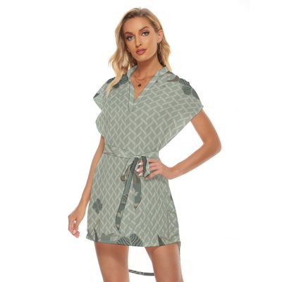 Stand-up Collar Asymmetrical Casual Dress with Belt