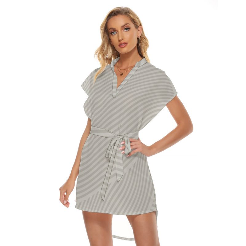 Stand-up Collar Asymmetrical Casual Dress with Belt