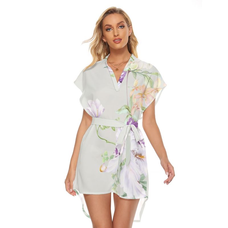 Stand-up Collar Asymmetrical Casual Dress with Belt