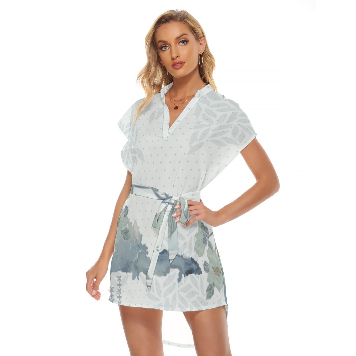 Stand-up Collar Asymmetrical Casual Dress with Belt
