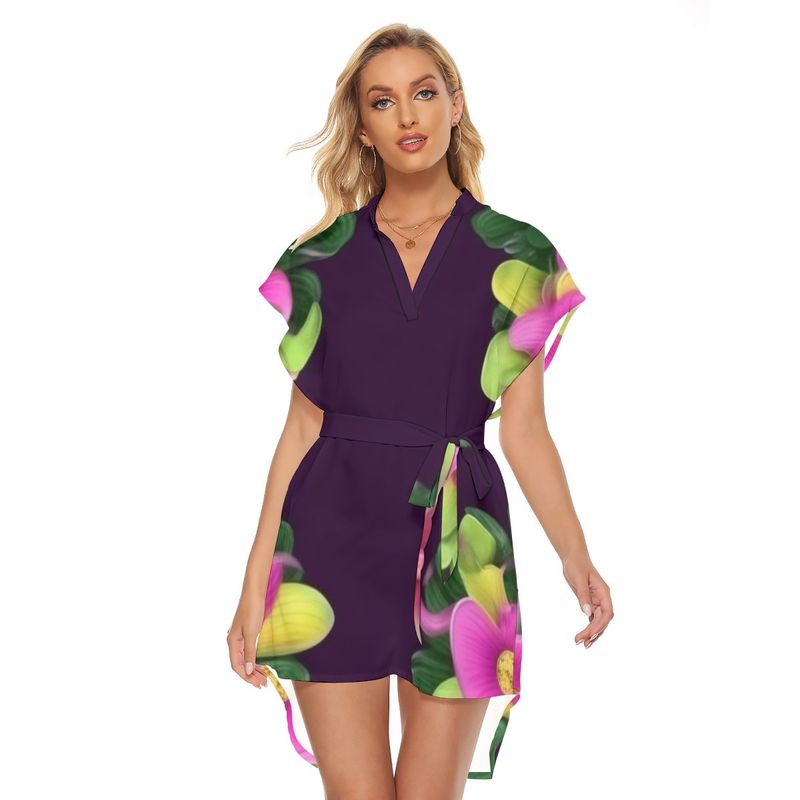 Stand-up Collar Asymmetrical Casual Dress with Belt