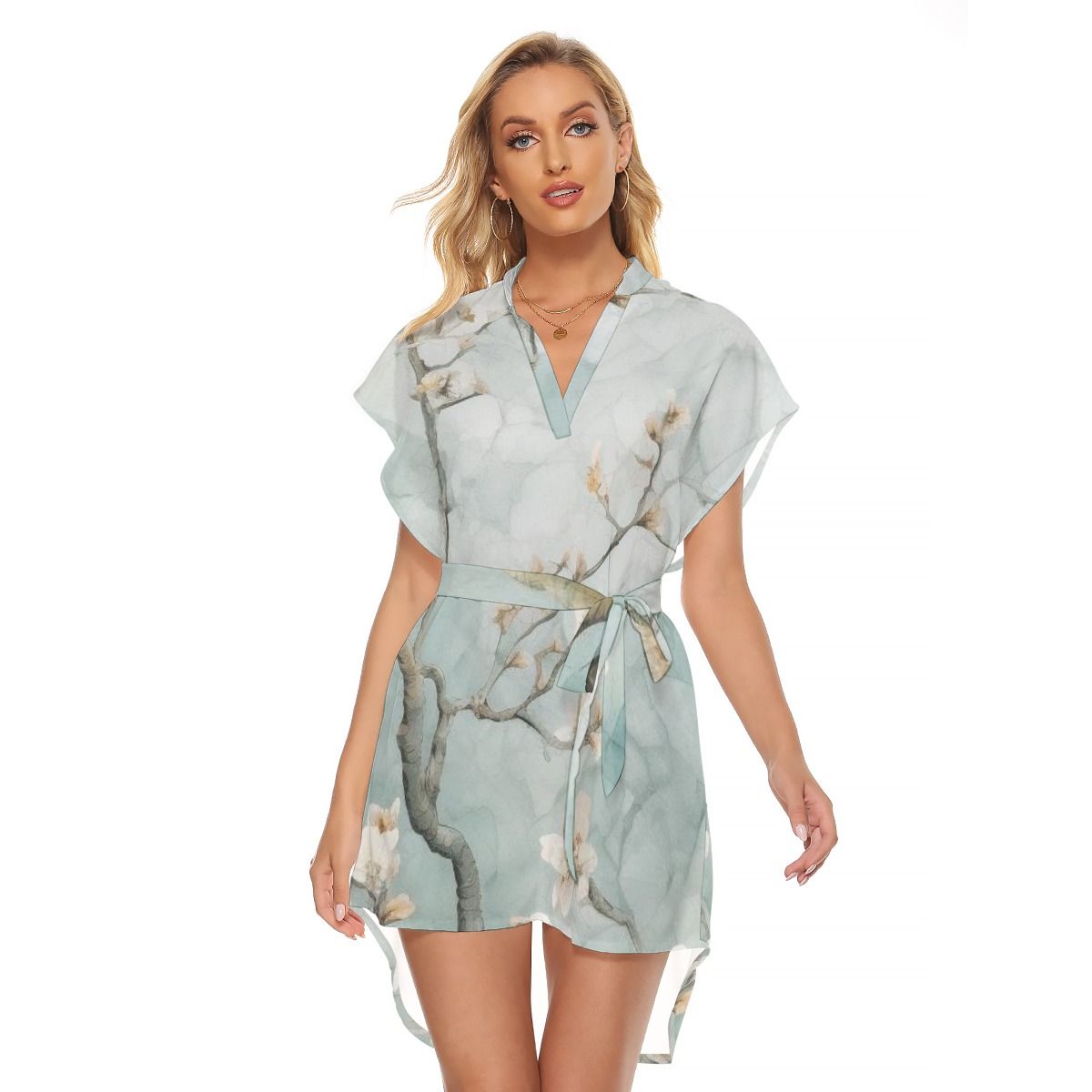 Stand-up Collar Asymmetrical Casual Dress with Belt