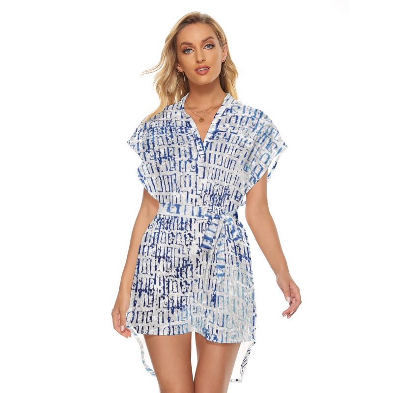 Stand-up Collar Asymmetrical Casual Dress with Belt
