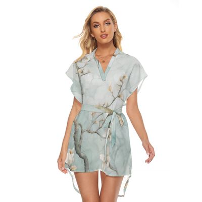 Stand-up Collar Asymmetrical Casual Dress with Belt