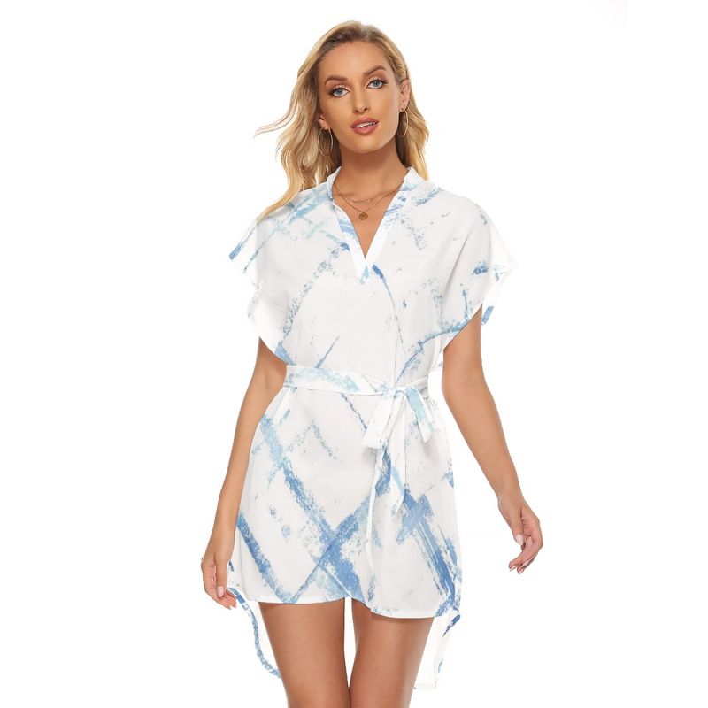 Stand-up Collar Asymmetrical Casual Dress with Belt