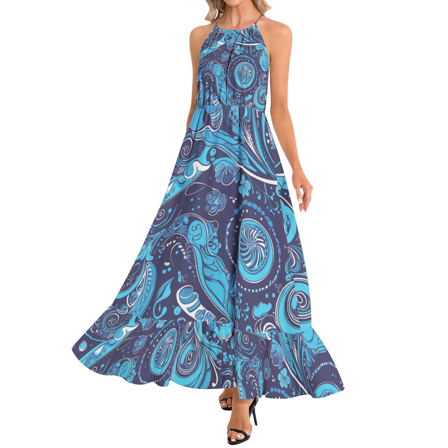 Ruffle Hem Halter Neck Maxi Dress