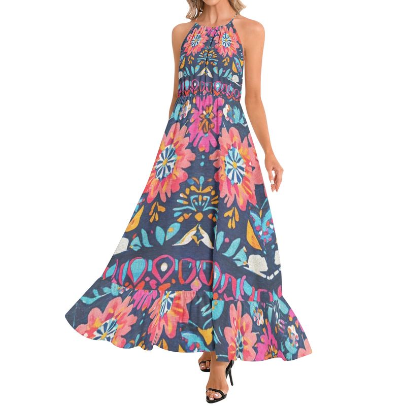 Ruffle Hem Halter Neck Maxi Dress