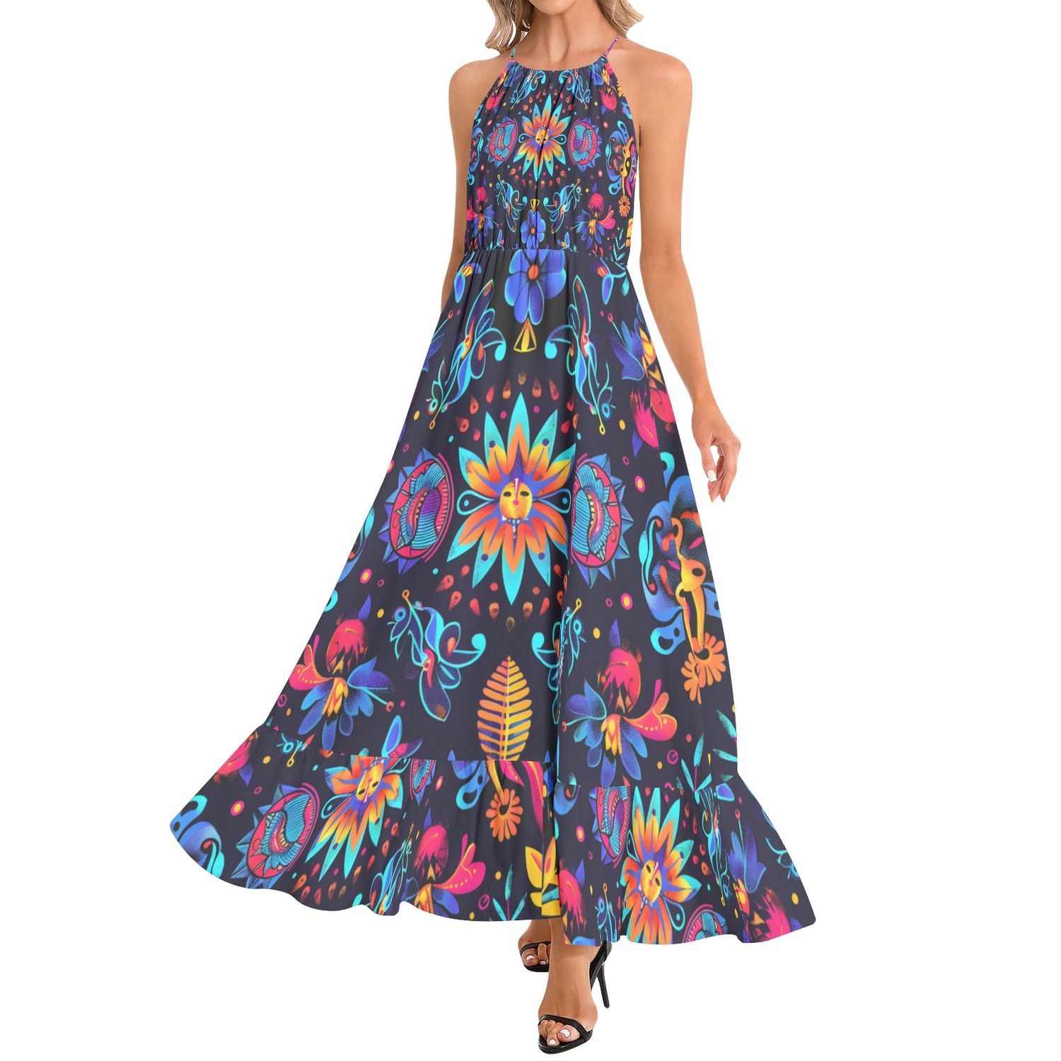 Ruffle Hem Halter Neck Maxi Dress