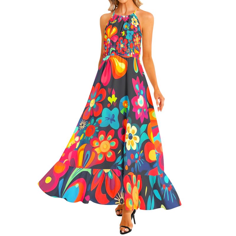 Ruffle Hem Halter Neck Maxi Dress