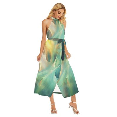 Women's Wrap Hem Belted Halter Dress