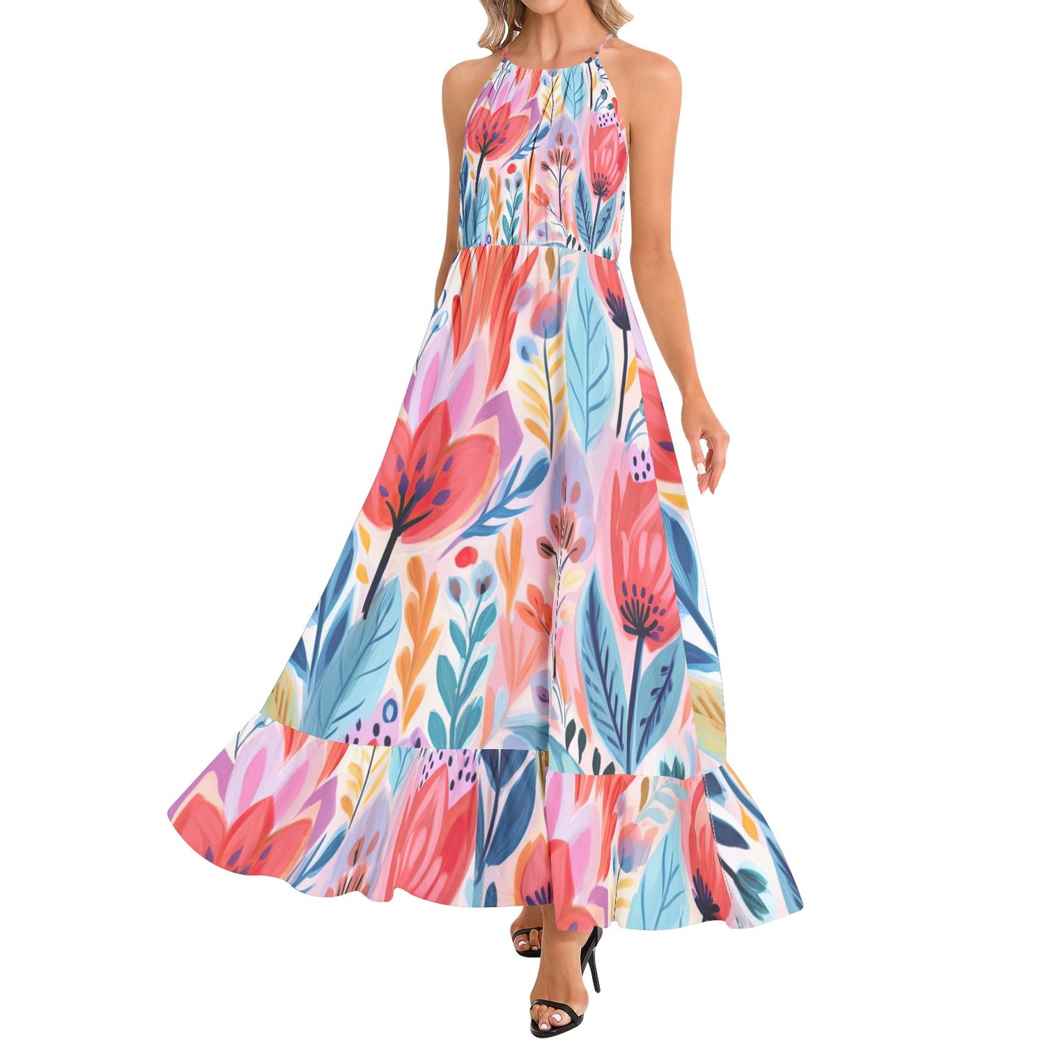 Ruffle Hem Halter Neck Maxi Dress