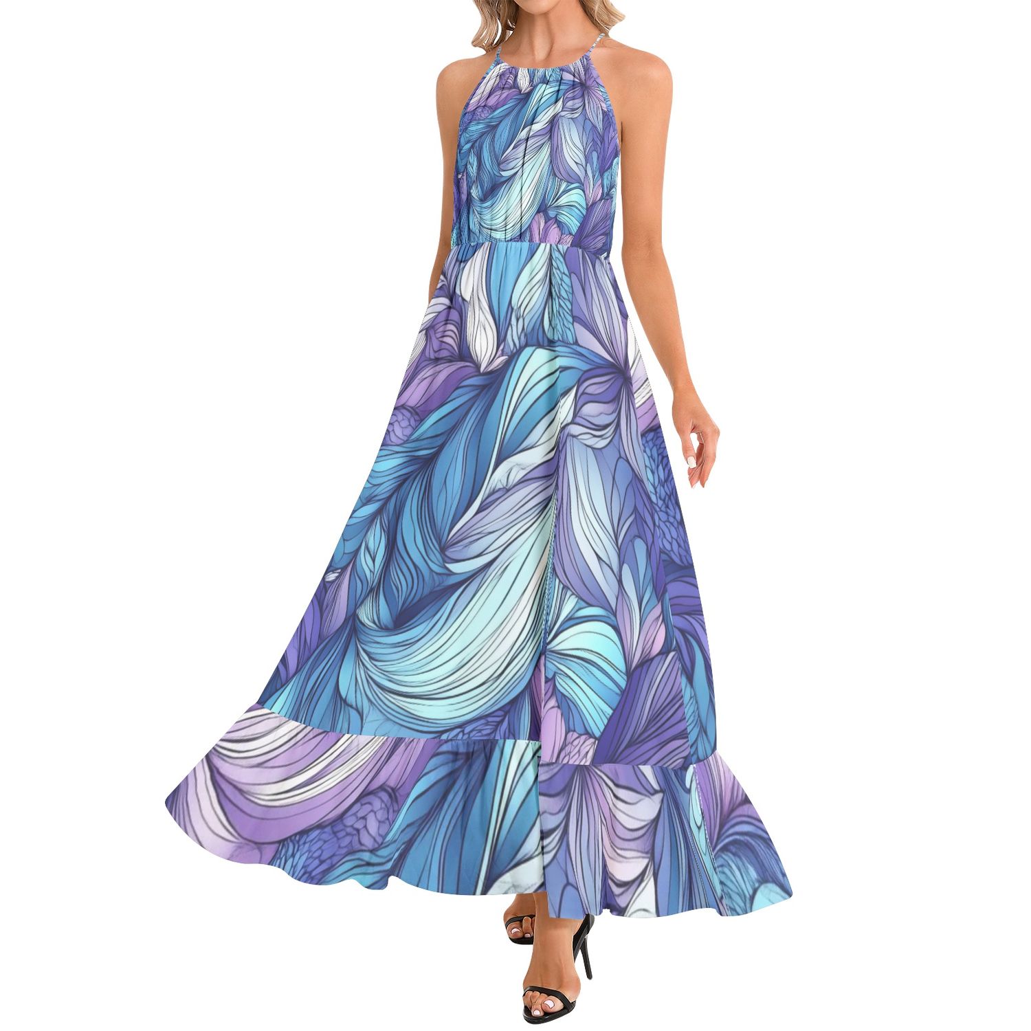 Riviera Muse Ruffle Hem Halter Neck Maxi Dress