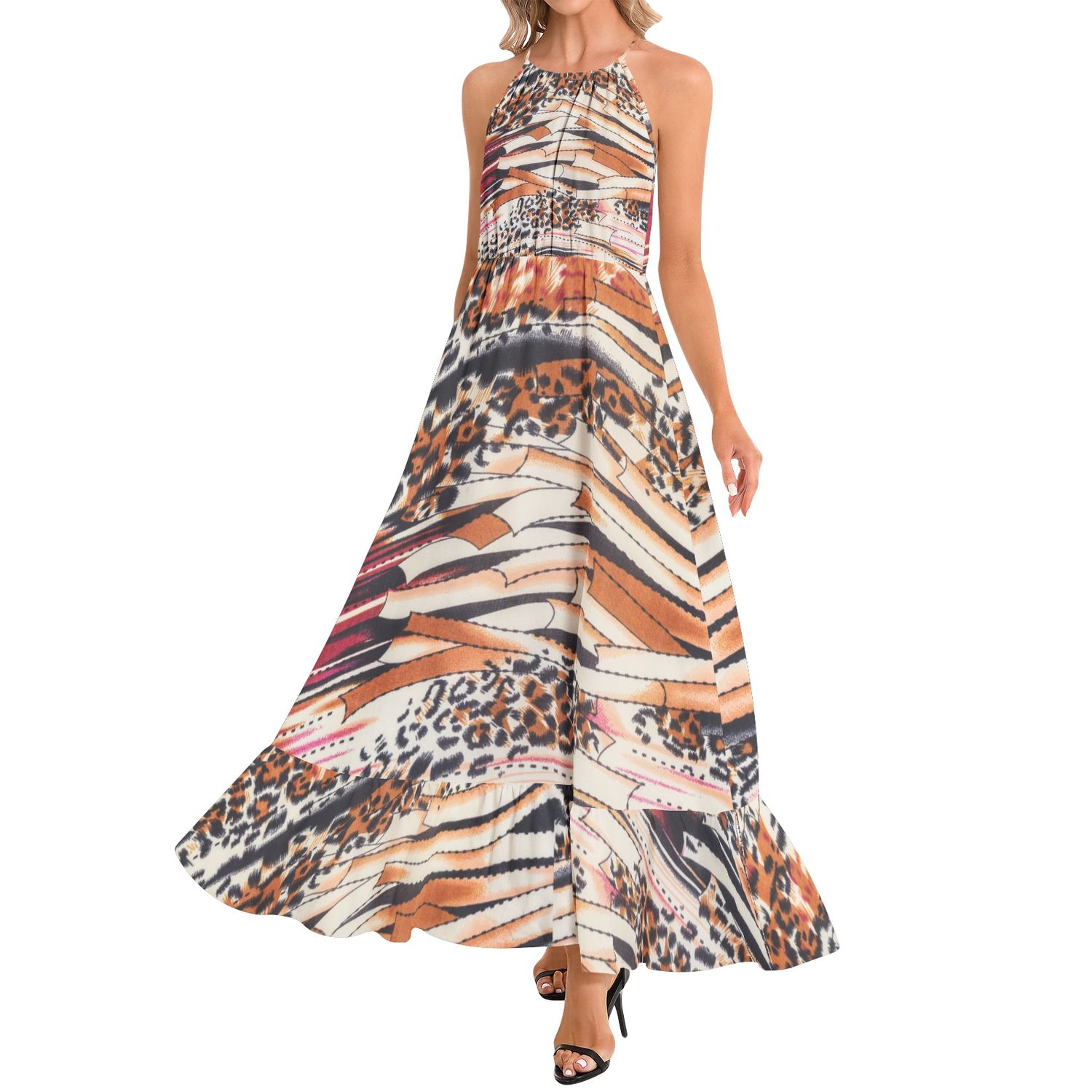 Riviera Muse Ruffle Hem Halter Neck Maxi Dress