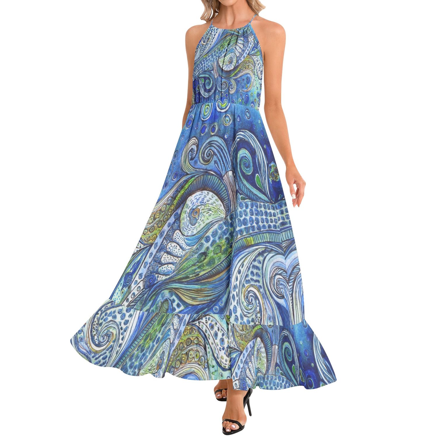 Ruffle Hem Halter Neck Maxi Dress